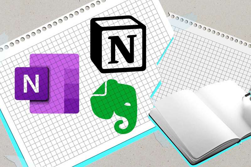 دفترچه باز با لوگوهای Notion، OneNote و Evernote