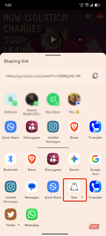 برنامهٔ سیل در شیت اشتراک اندروید.