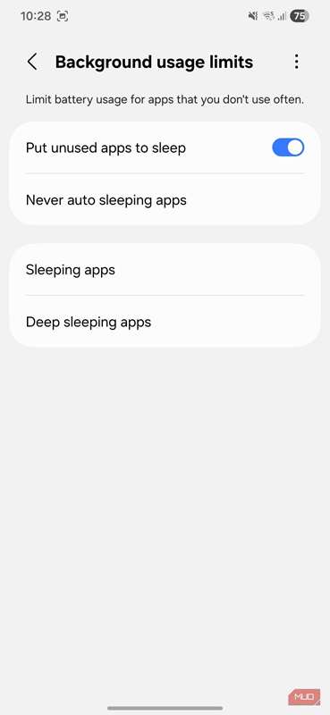 منوی تنظیمات برنامه‌های خوابیدنی در تلفن سامسونگ