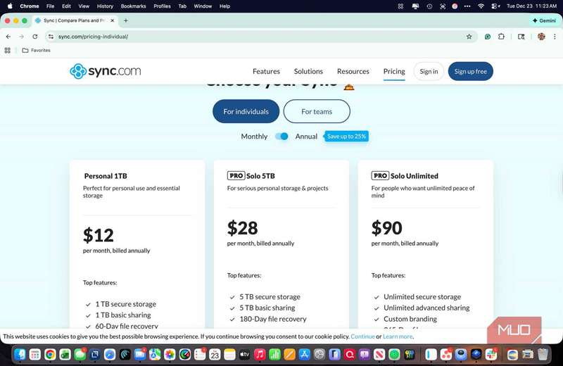 اسکرینشات نشاندهنده قیمتگذاری Sync.com در ایالات متحده