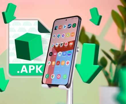 یک گوشی هوشمند با چند برنامه نصب شده و یک نماد فایل APK کنار آن، محاط آیکون‌های دانلود