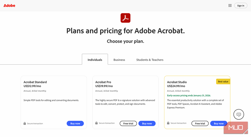 قیمتگذاری و گزینههای Adobe Acrobat Pro