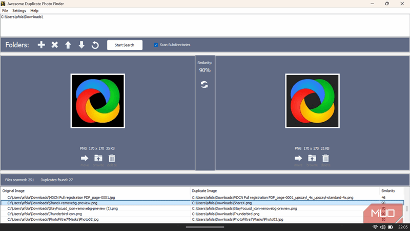 رابط Awesome Duplicate Photo Finder که مقایسه دو تصویر تکراری را به صورت کنار هم با امتیاز ۹۰٪ شباهت نشان می‌دهد.