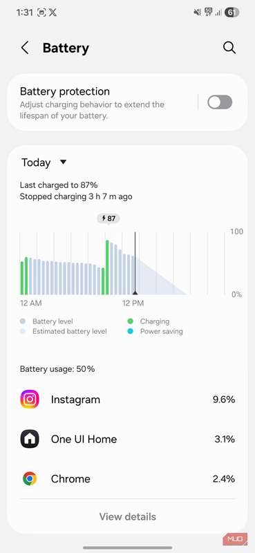 منوی باتری در گوشی اندروید