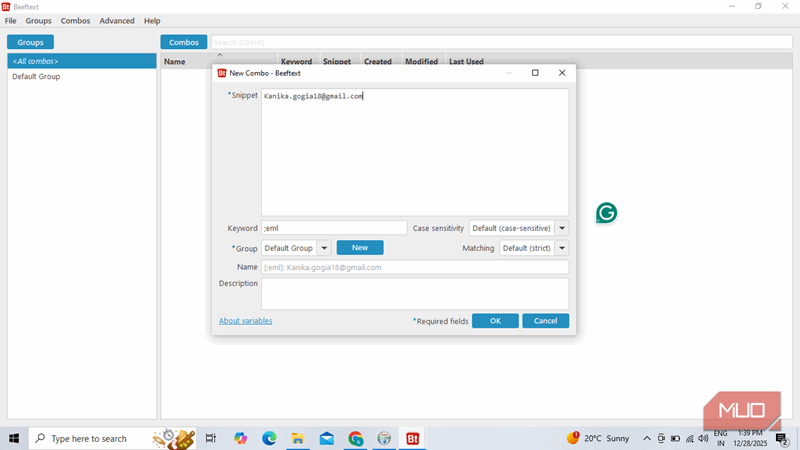ایجاد ترکیب جدید در Beeftext