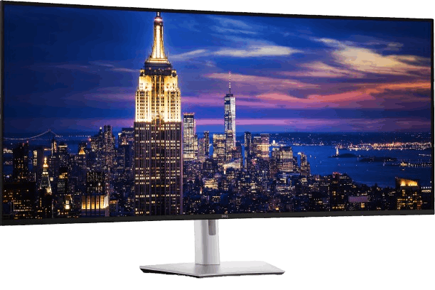 مانیتور Dell UltraSharp 52 Thunderbolt Hub نمایانگر یک افق شهری است.