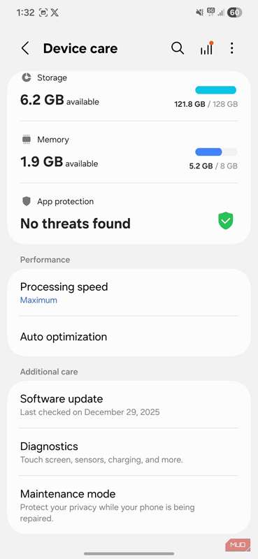 منوی مراقبت از دستگاه در گوشی اندروید