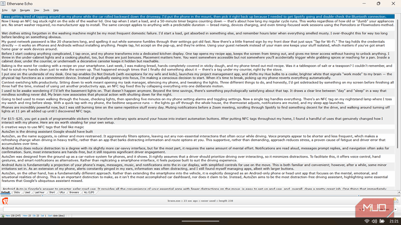رابط کاربری Ethervane Echo که لیست قابل جستجوی تاریخچه کلیپ‌بورد شامل تکه‌های متن را نمایش می‌دهد.