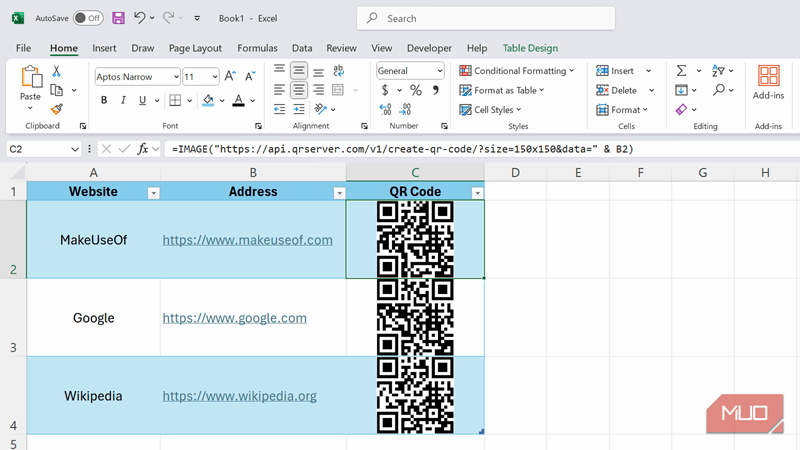جدولی در اکسل که کدهای QR برای وب‌سایت‌ها را با استفاده از تابع IMAGE نشان می‌دهد.