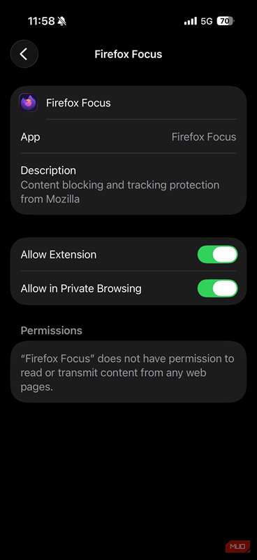 دکمهی تغییر وضعیت برای فعالسازی افزونه Firefox Focus