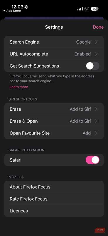 گزینهٔ فعالسازی Mozilla Firefox Focus در Safari