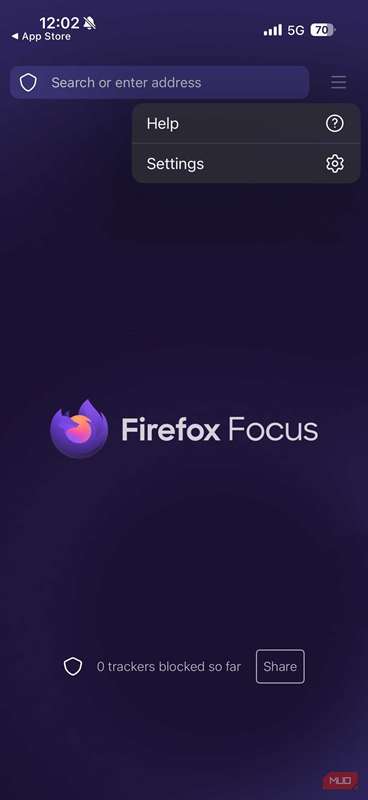 گزینه Settings برنامه Firefox Focus