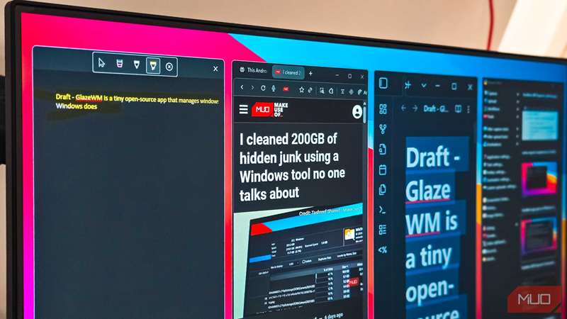 تقسیمبندی پنجره GlazeWM در Windows 11 بر روی مانیتور BENQ