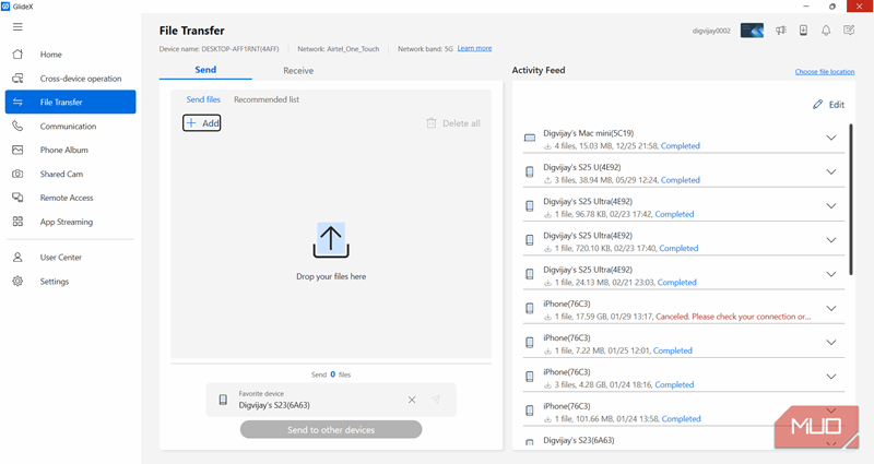 صفحه ارسال انتقال فایل GlideX در ویندوز با امکان کشیدن و رها کردن برای بارگذاری و فید فعالیت