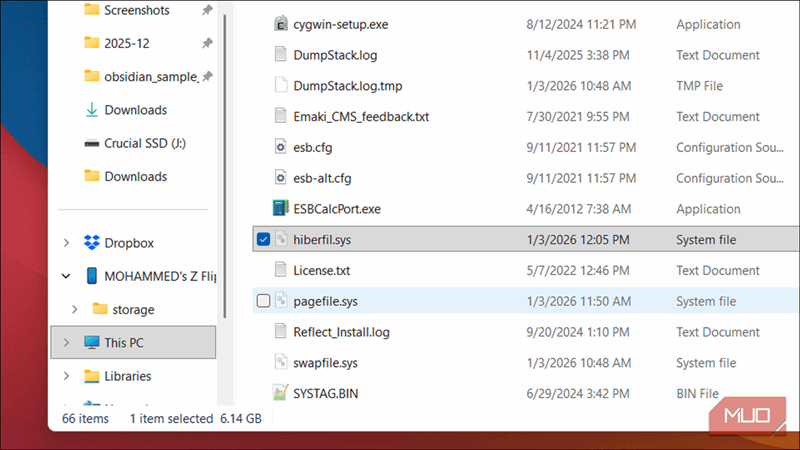باز کردن hiberfil.sys در اکسپلورر