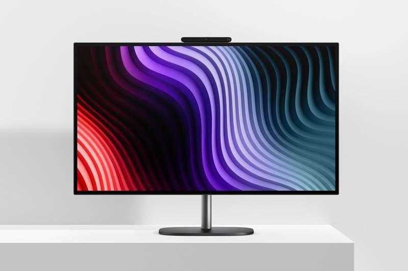 یک رندر از رایانه همهجانبه HP OmniStudio X 27 بر روی پسزمینهٔ خاکستری.