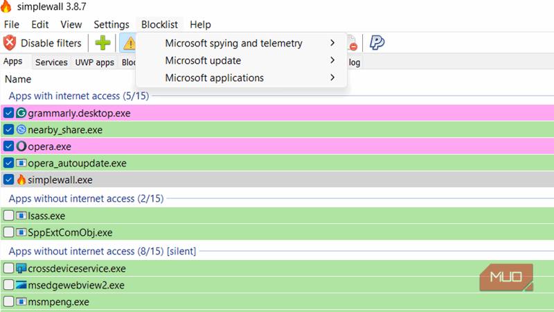 فیلتر مسدودسازی تلمتری مایکروسافت در Simplewall.