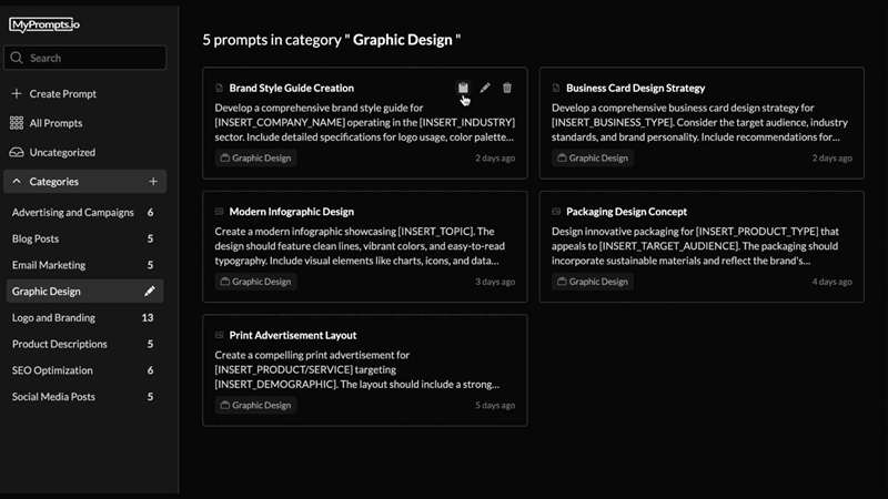 رابط MyPrompts با چندین پرامپت هوش مصنوعی در سمت راست و دستهبندیهای مختلف در پنل سمت چپ