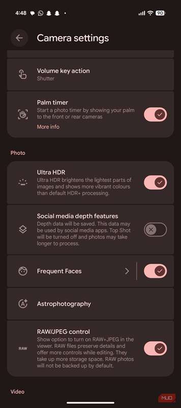تنظیم Ultra HDR برنامه دوربین پیکسل.