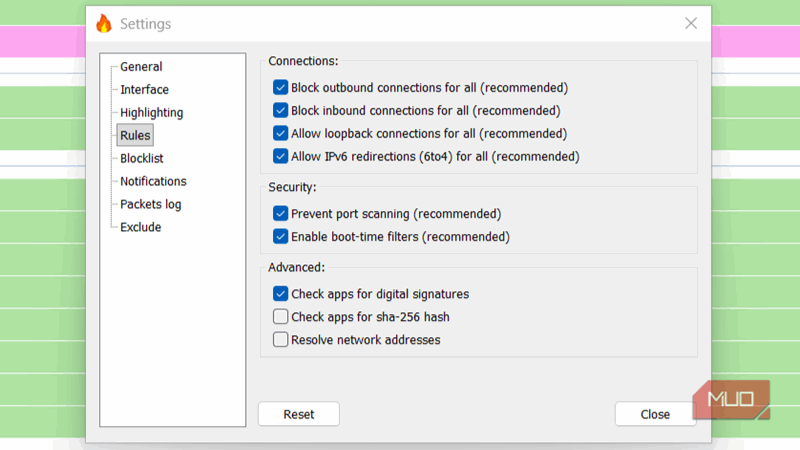 فیلتر شبکه اسکن پورت در تنظیمات Simplewall.