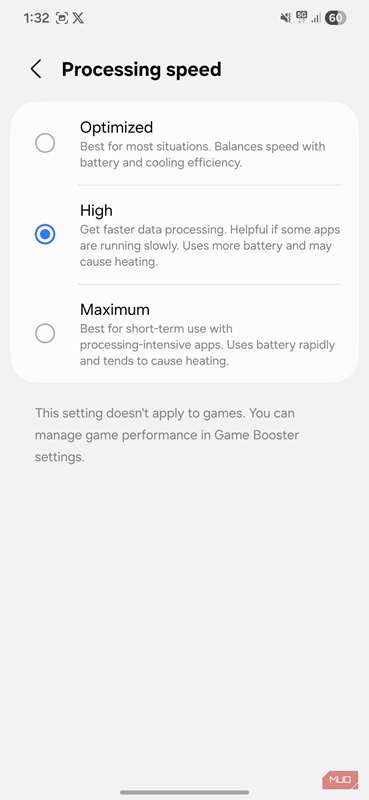 منوی سرعت پردازش در گوشی اندروید