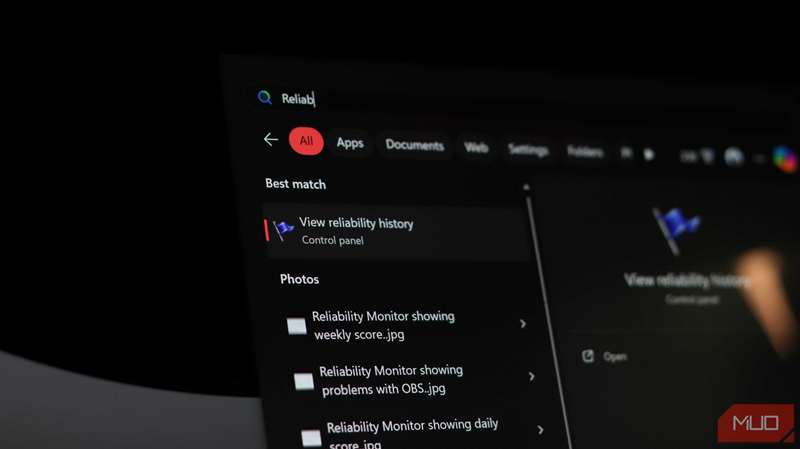 نمایش‌گر قابلیت اطمینان در منوی استارت.