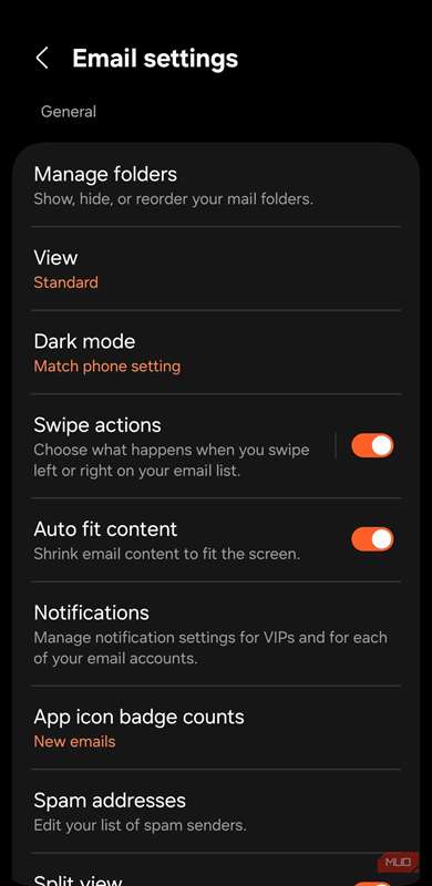 تنظیمات برنامهٔ ایمیل سامسونگ بر روی گوشی گلکسی