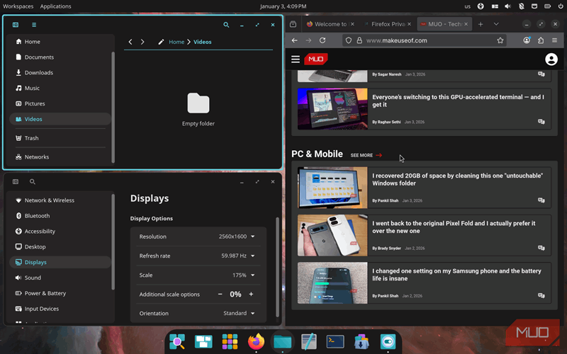 Fedora COSMIC در حال اجرای چند برنامه