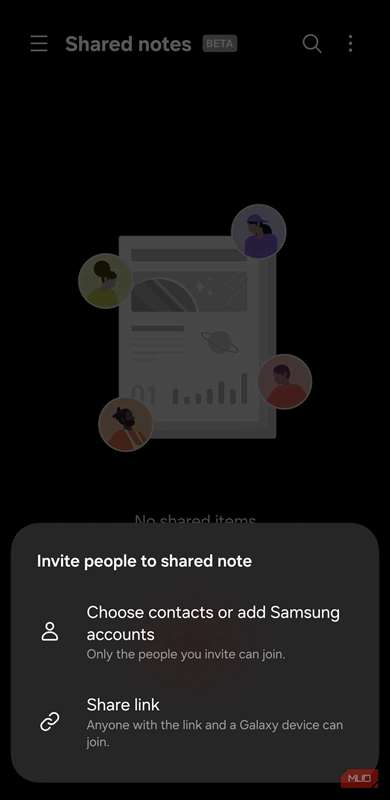 زبانهٔ یادداشت‌های مشترک در برنامه Samsung Notes