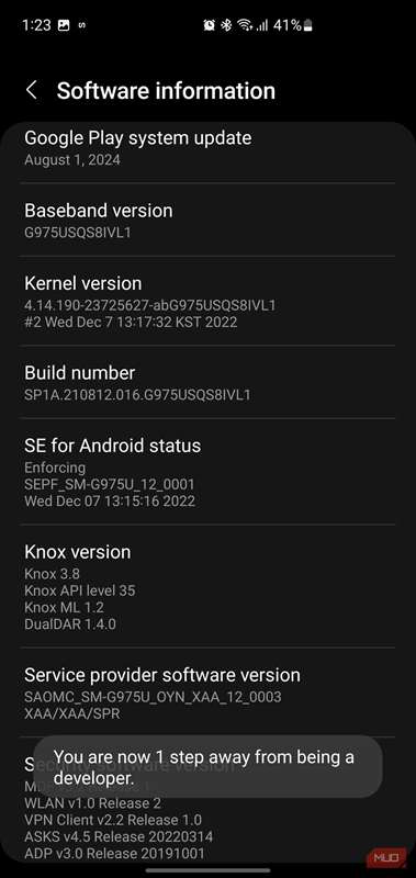 صفحه اطلاعات نرم‌افزاری که اعلان توست نشان می‌دهد کاربر تنها یک گام تا حالت توسعه‌دهنده فاصله دارد.