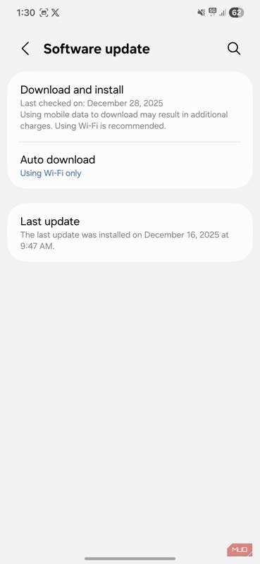 منوی بهروزرسانی نرمافزار در گوشی اندروید