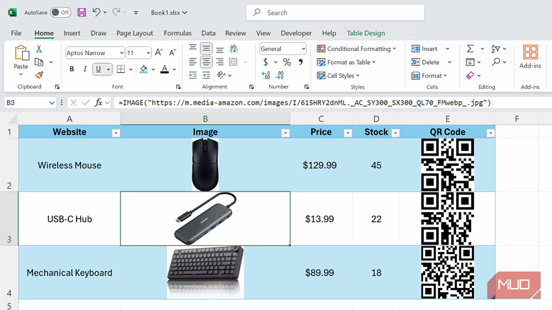 جدولی که تصاویر و کدهای QR برای موجودی را با استفاده از تابع IMAGE نشان می‌دهد.