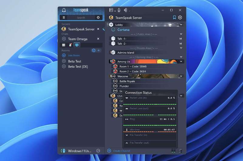 سرعت اتصال Teamspeak، نشان‌دهنده سرعت‌های صوتی و بازی