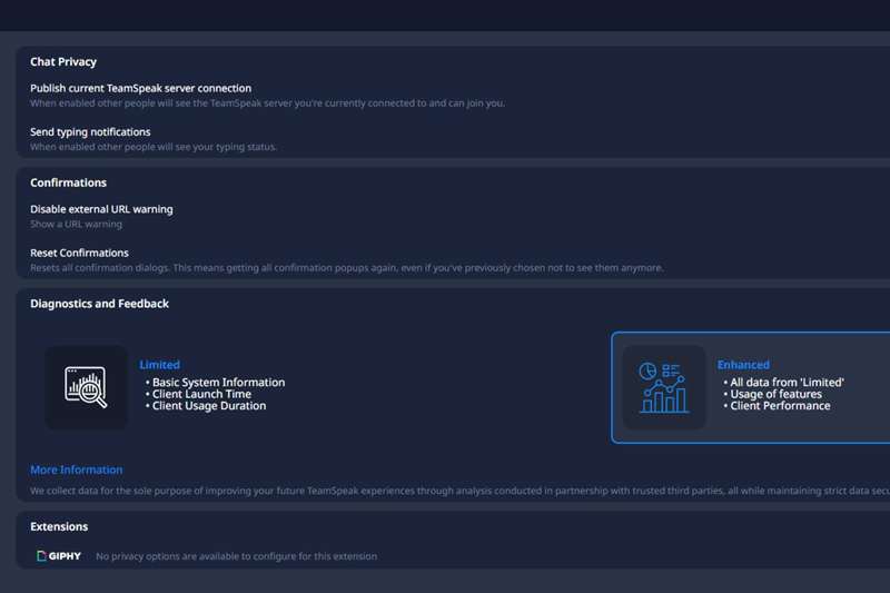 تنظیمات حریم‌خصوصی TeamSpeak در برنامه