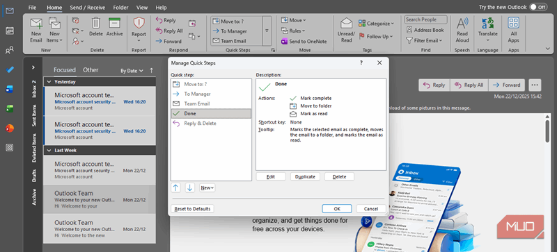 کادر گفتگوی مدیریت گام‌های سریع در اوتلوک کلاسیک.