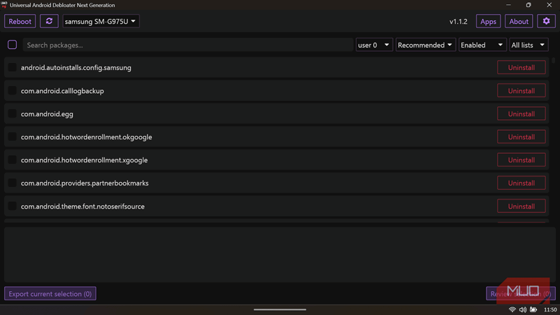 نمای اصلی لیست دیبلیوتر اندروید جهانی که بستههای نصبشده با گزینه حذف را نشان میدهد