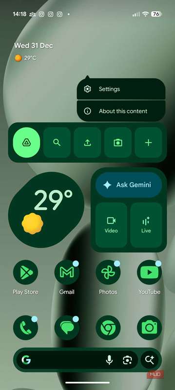 منوی کشویی روی صفحهٔ اصلی پیکسل