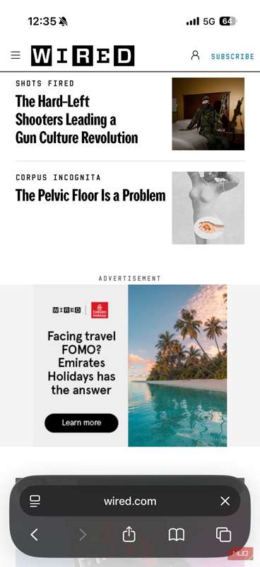 تبلیغاتی که در مرورگر سافاری در وبسایت Wired بدون افزونه Firefox Focus نمایش داده میشود