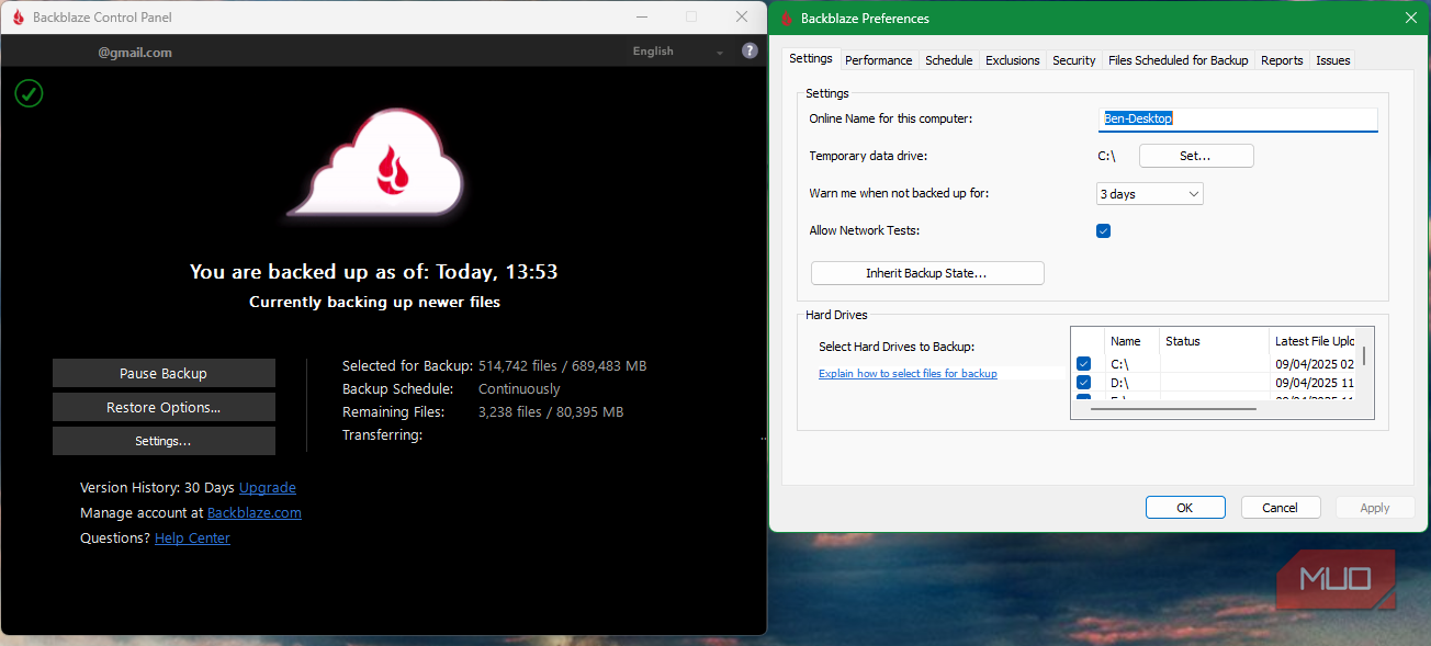 Backblaze روی ویندوز