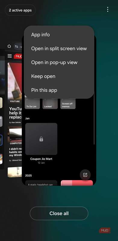 منوی برنامه‌های اخیر اندروید نمایش‌دهنده گزینه‌های صفحه تقسیم و پاپ‑آپ