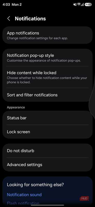 تنظیمات اندروید نشان‌دهندهٔ ناوبری بازگشت سراسری