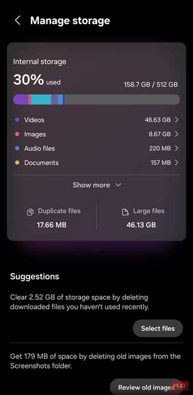 نمای کلی ذخیره‌سازی اندروید که تجزیه‌وتجزیهٔ فضای استفاده‌شده را نشان می‌دهد