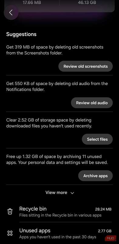 پیشنهادات ذخیره‌سازی اندروید که گزینه‌های تمیزکاری را نشان می‌دهد