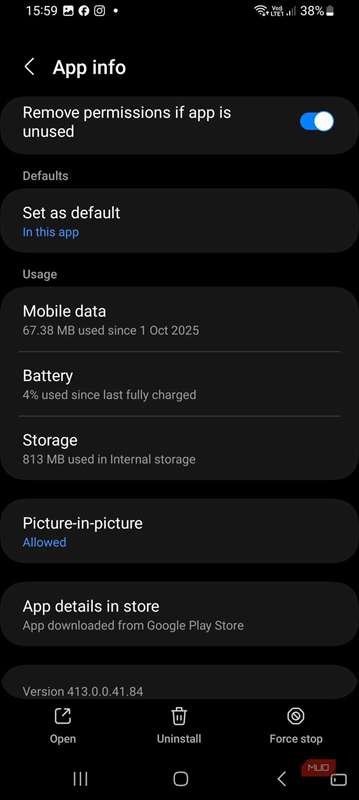 گزینه باتری در بخش اطلاعات برنامه