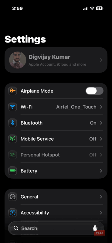 صفحهٔ اصلی تنظیمات آیفون