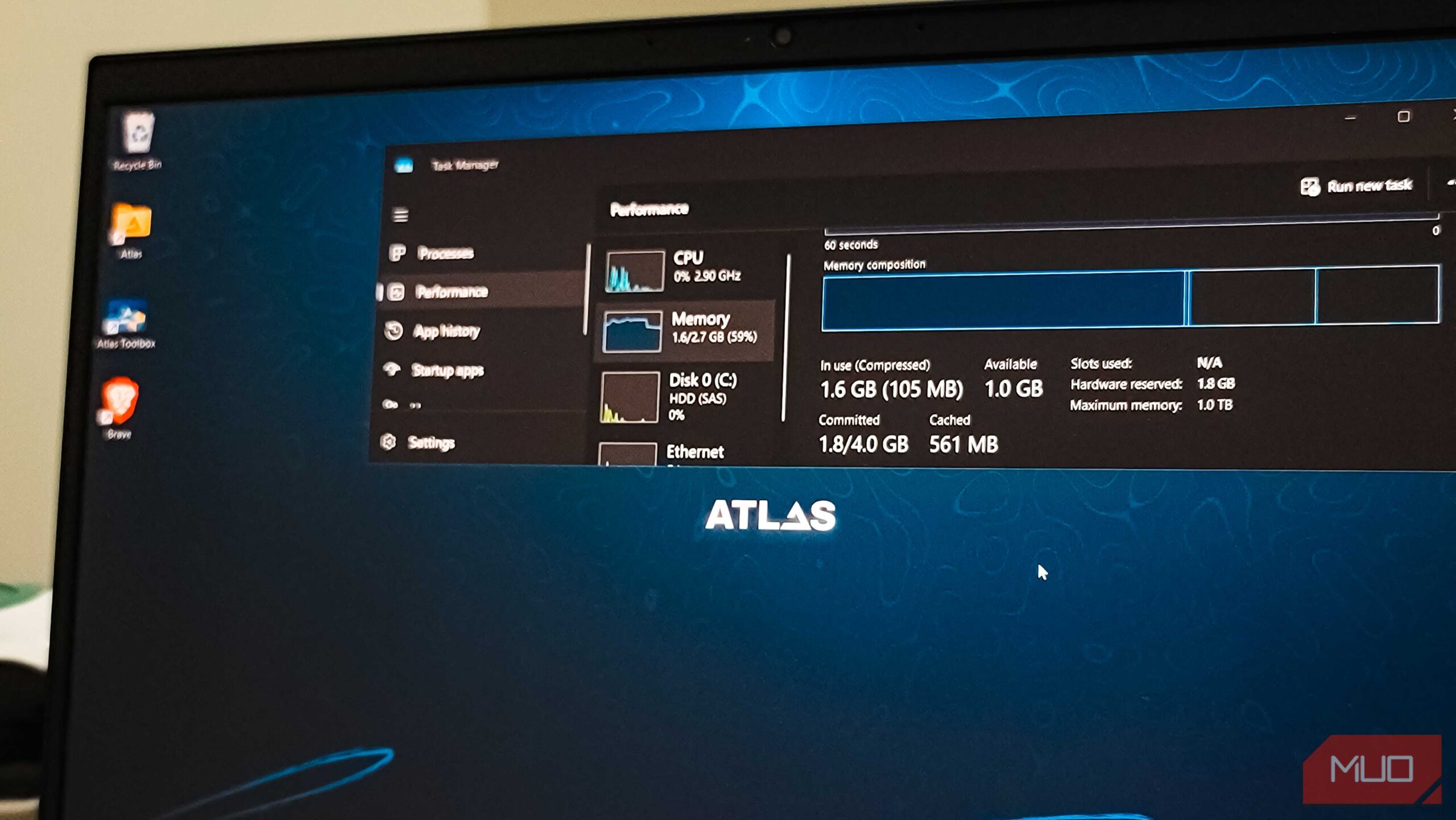 مدیر وظیفه باز در Atlas OS روی لپتاپ HP