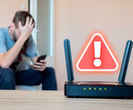 یک روتر با نماد هشدار و یک شخص ناراحت در پس‌زمینه