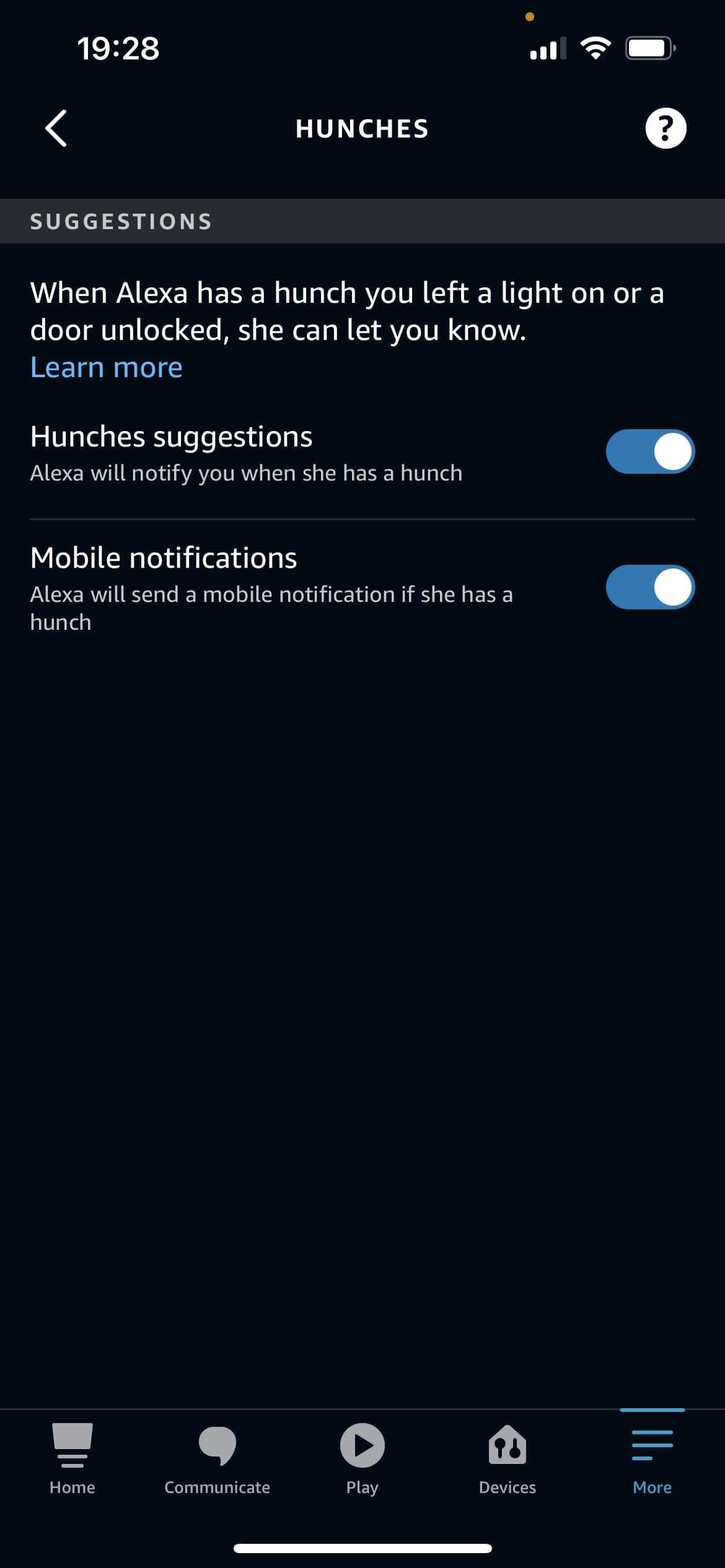 تنظیمات Hunches برنامه Alexa
