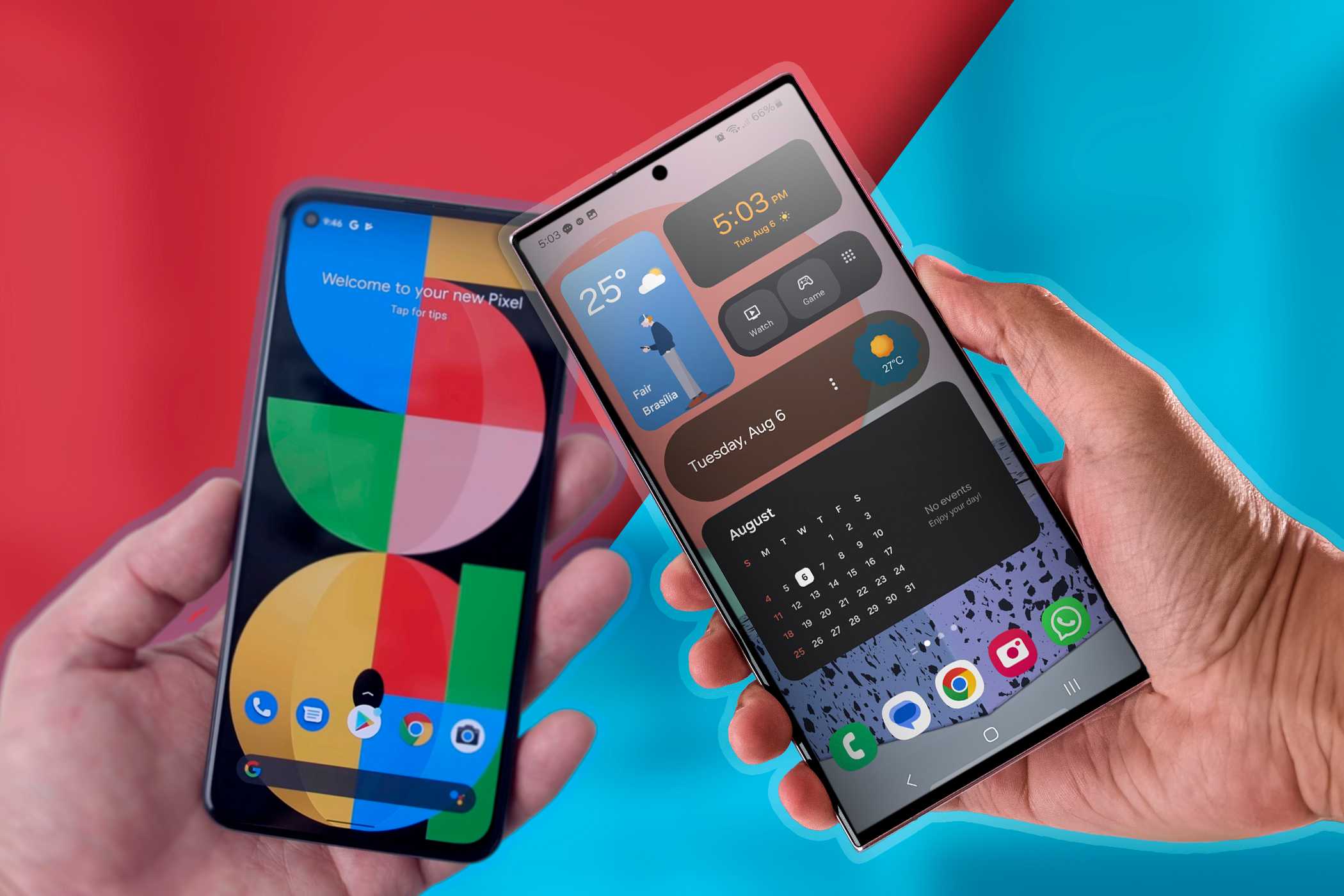 یک Google Pixel در سمت چپ و یک Samsung Galaxy در سمت راست