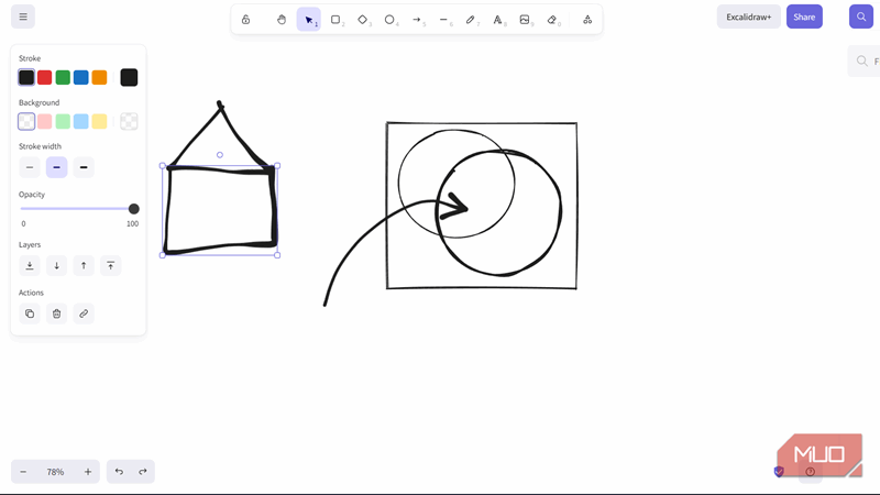 یک خانه، نمودار وِن و یک فلش در Excalidraw.
